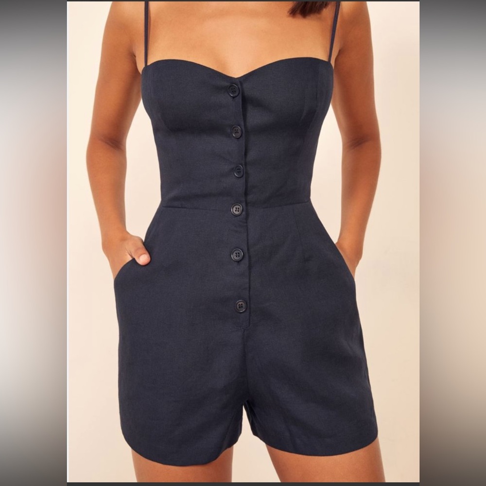 Reformation Linen Navy button front romper